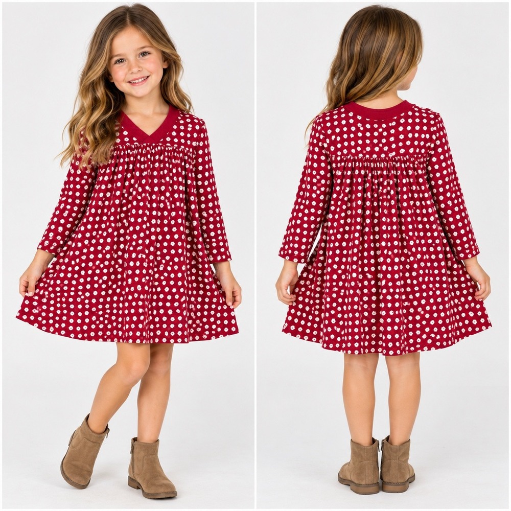 Tea Collection Girls Size 7 Red Floral Long Sleeve Cotton Jersey Dress 6F12304